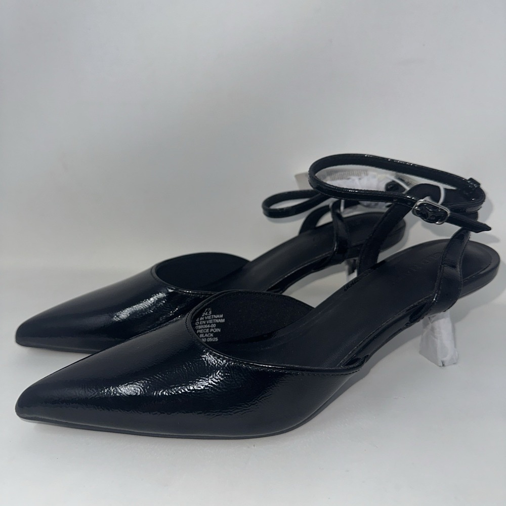 New Black Patent Leather Pointed Ankle Strap Kitten Heels Pumps Size 7 1/2